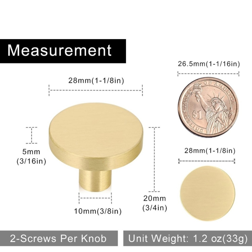 COPY - Solid Brass Round 1 1/8” Cabinet Pulls - Brushed Gold Finish (Qty. 12)